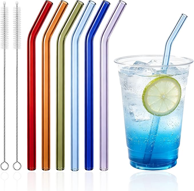 6-Pack Reusable Glass Straws with 2 Long Cleaning Brush