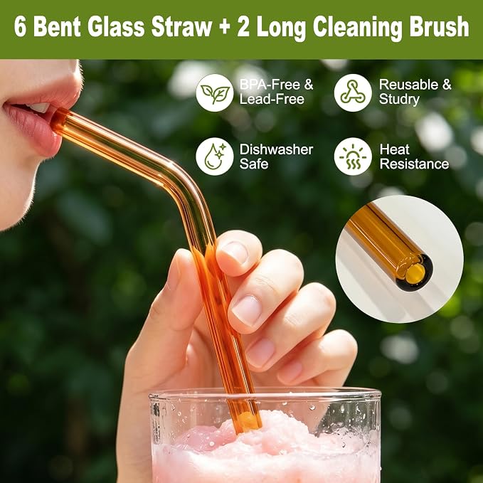 6-Pack Reusable Glass Straws with 2 Long Cleaning Brush