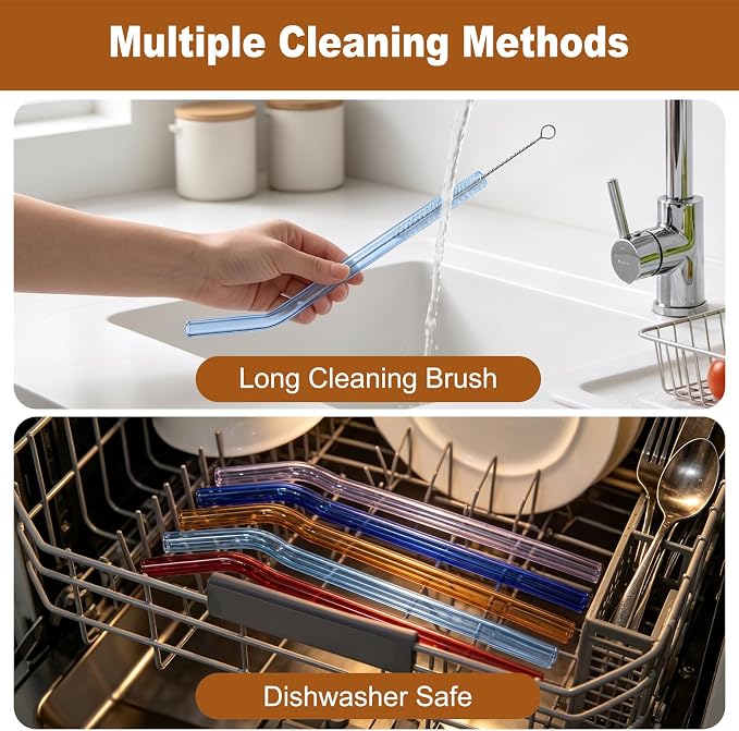 6-Pack Reusable Glass Straws with 2 Long Cleaning Brush