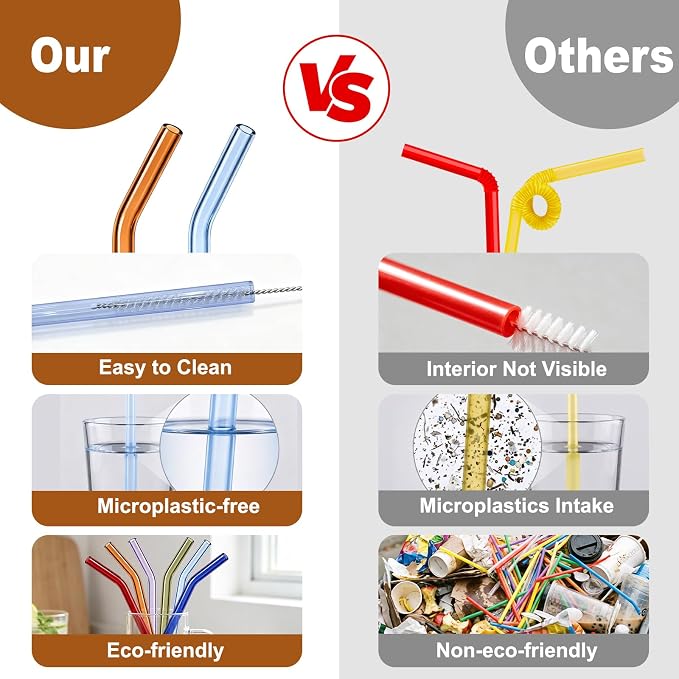 6-Pack Reusable Glass Straws with 2 Long Cleaning Brush