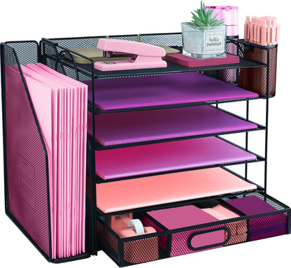 Desk Organizers and Accessories with File Holder, 4-Tier Paper Letter Tray Organiser with Drawer and 2 Pen Holder, Mesh Desktop Document Organizer for Office Supplies, Workspace - Black
