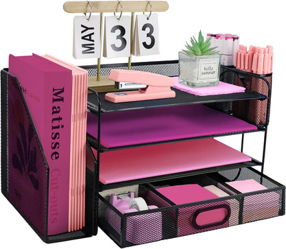 Desk Organizers and Accessories with File Holder, 4-Tier Paper Letter Tray Organiser with Drawer and 2 Pen Holder, Mesh Desktop Document Organizer for Office Supplies, Workspace - Black