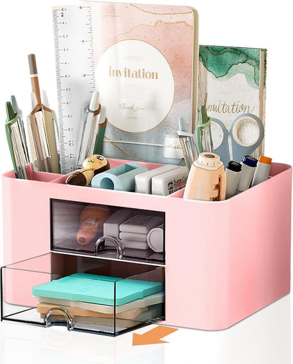 Stationary Organiser 7-Grid Desk Organizer with Drawer – Multifunctional Plastic Table Organizer & Pen Holder for School, Office, and Home (Black)