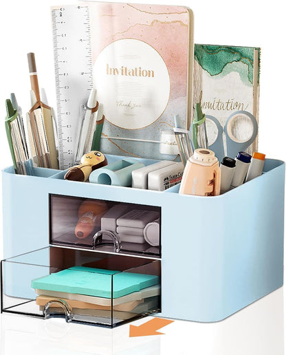 Stationary Organiser 7-Grid Desk Organizer with Drawer – Multifunctional Plastic Table Organizer & Pen Holder for School, Office, and Home (Black)