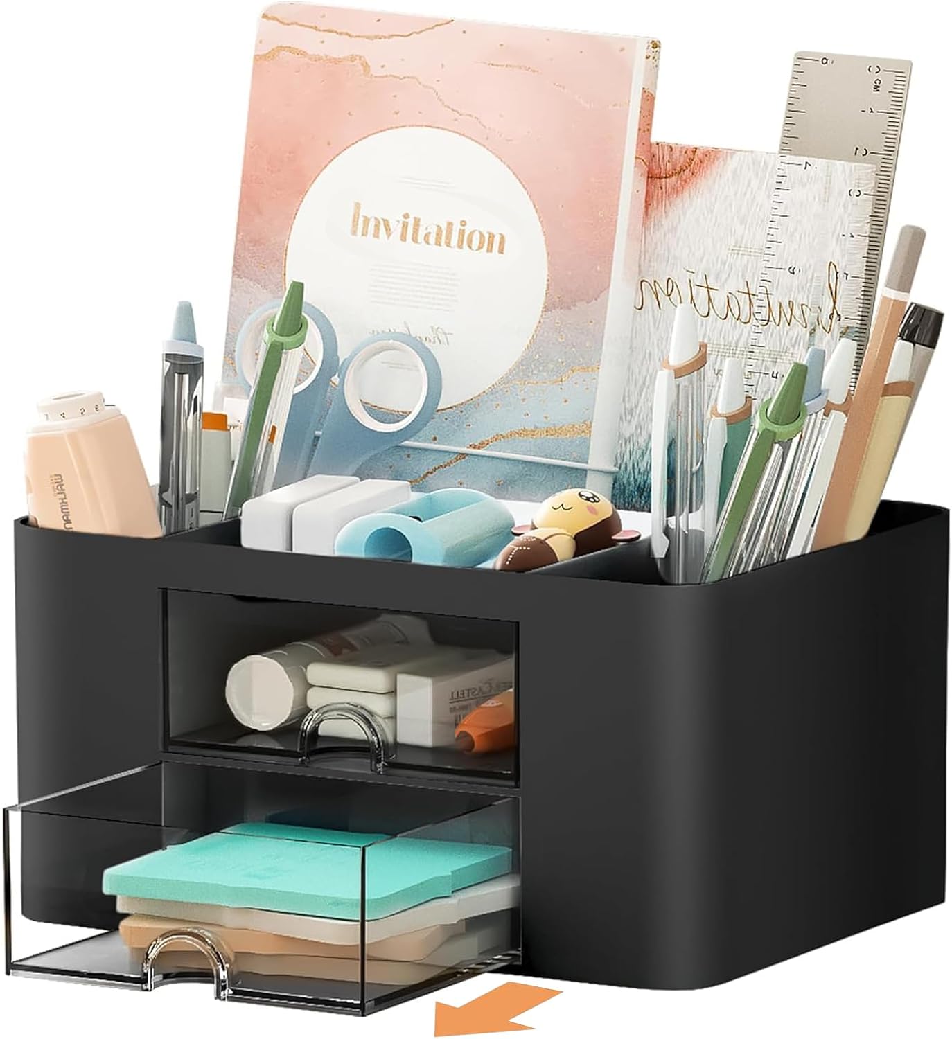 Stationary Organiser 7-Grid Desk Organizer with Drawer – Multifunctional Plastic Table Organizer & Pen Holder for School, Office, and Home (Black)