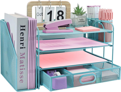 Desk Organizers and Accessories with File Holder, 4-Tier Paper Letter Tray Organiser with Drawer and 2 Pen Holder, Mesh Desktop Document Organizer for Office Supplies, Workspace - Black