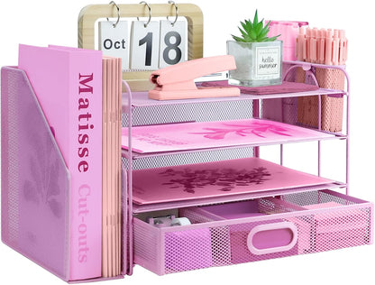 Desk Organizers and Accessories with File Holder, 4-Tier Paper Letter Tray Organiser with Drawer and 2 Pen Holder, Mesh Desktop Document Organizer for Office Supplies, Workspace - Black