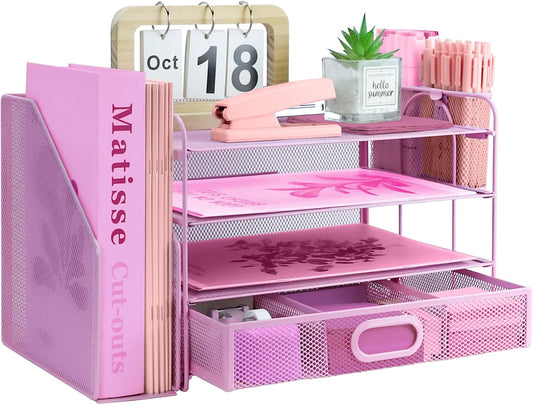 Desk Organizers and Accessories with File Holder, 4-Tier Paper Letter Tray Organiser with Drawer and 2 Pen Holder, Mesh Desktop Document Organizer for Office Supplies, Workspace - Black