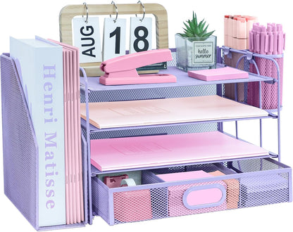 Desk Organizers and Accessories with File Holder, 4-Tier Paper Letter Tray Organiser with Drawer and 2 Pen Holder, Mesh Desktop Document Organizer for Office Supplies, Workspace - Black