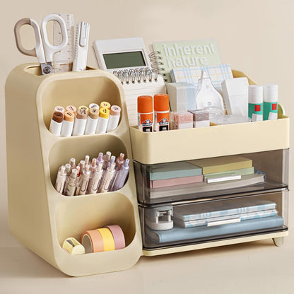 HBlife Desk Organizer with Pen Pencil Holder for Desk, Pen Organizer with 2 Drawers, Desk Organizers and Accessories with 4 Compartments, Desktop Storage for Office Home School Art Supplies, White