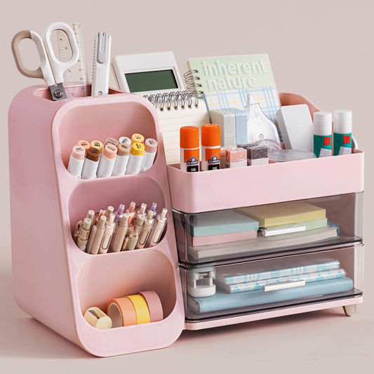 HBlife Desk Organizer with Pen Pencil Holder for Desk, Pen Organizer with 2 Drawers, Desk Organizers and Accessories with 4 Compartments, Desktop Storage for Office Home School Art Supplies, White