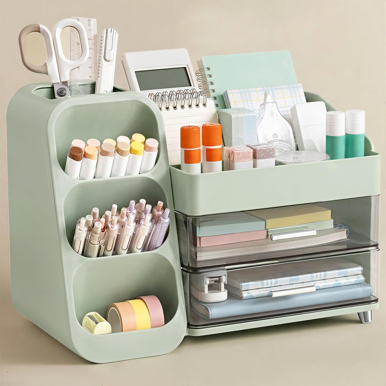 HBlife Desk Organizer with Pen Pencil Holder for Desk, Pen Organizer with 2 Drawers, Desk Organizers and Accessories with 4 Compartments, Desktop Storage for Office Home School Art Supplies, White