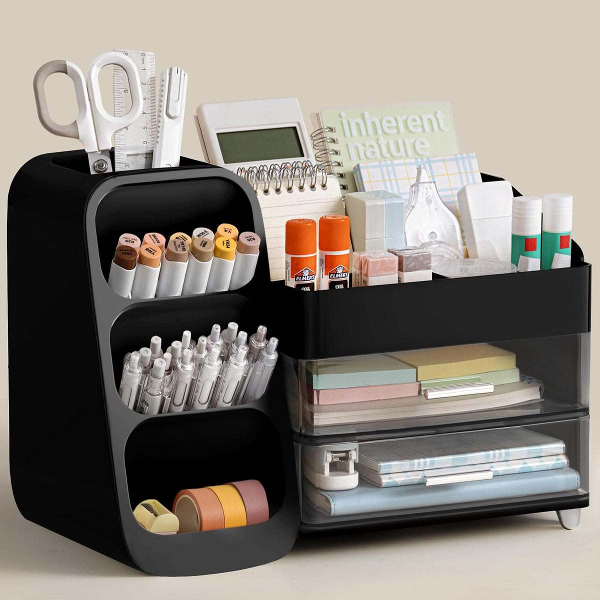 HBlife Desk Organizer with Pen Pencil Holder for Desk, Pen Organizer with 2 Drawers, Desk Organizers and Accessories with 4 Compartments, Desktop Storage for Office Home School Art Supplies, White