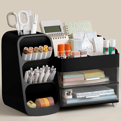 HBlife Desk Organizer with Pen Pencil Holder for Desk, Pen Organizer with 2 Drawers, Desk Organizers and Accessories with 4 Compartments, Desktop Storage for Office Home School Art Supplies, White
